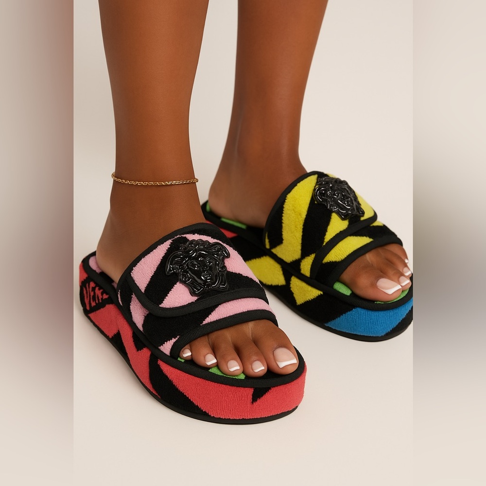 Versace La Greca Jacquard Terry Cloth Slippers - Size 37